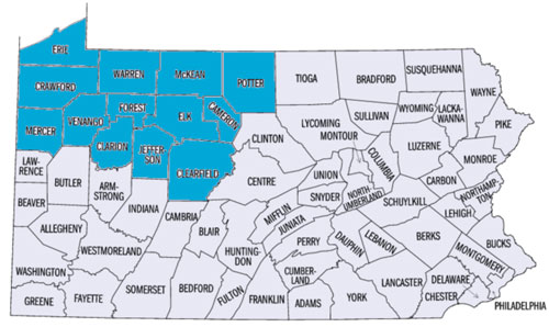 Map of Grady’s Decision service area in Northwestern Pennsylvania